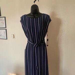 Blue Stripe Jumpsuit.Pockets, zipper in back,belt.